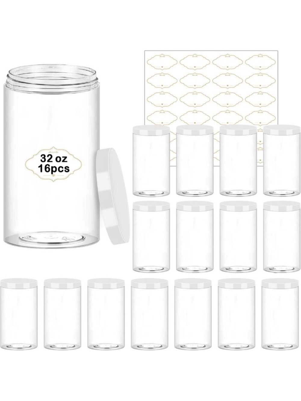 32 oz Plastic Storage Jars with Lids - 16 Pack for Organizing & Crafting
